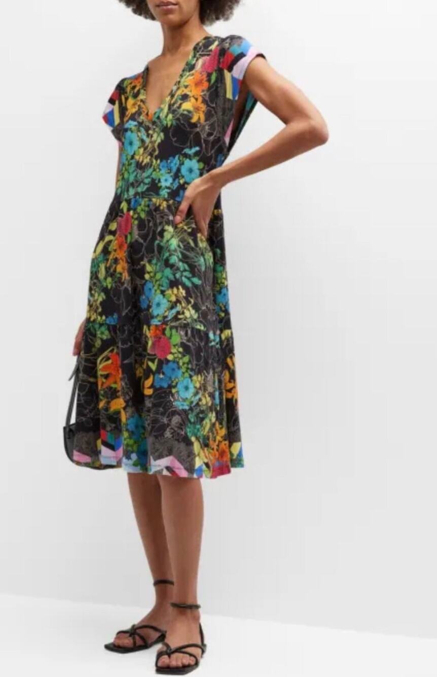 Johnny Was Boho Floral Nero Tiered V-Neck Midi Dress Small